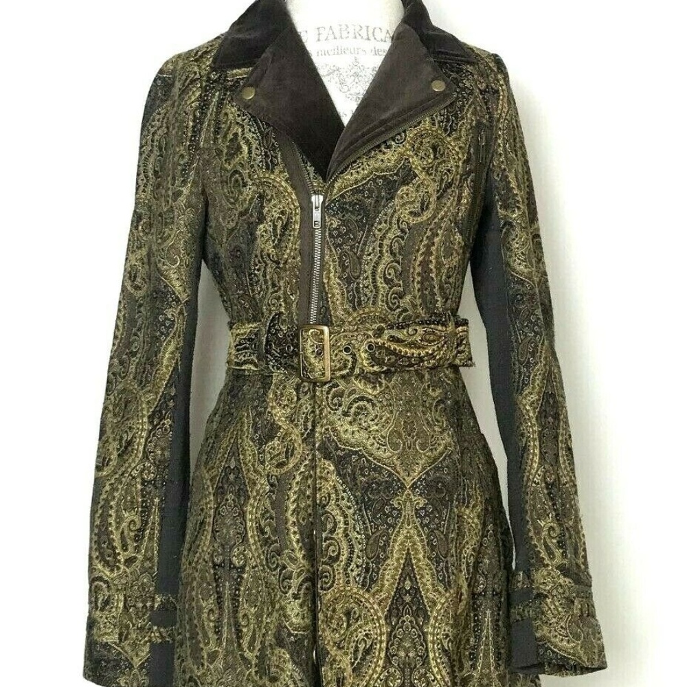 Free People Brown Paisley Velvet Belted Coat